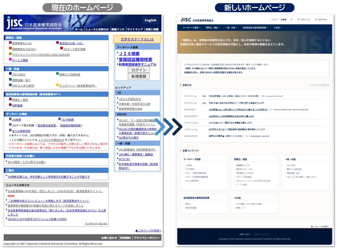 JISCホームページ刷新前後の比較（拡大）